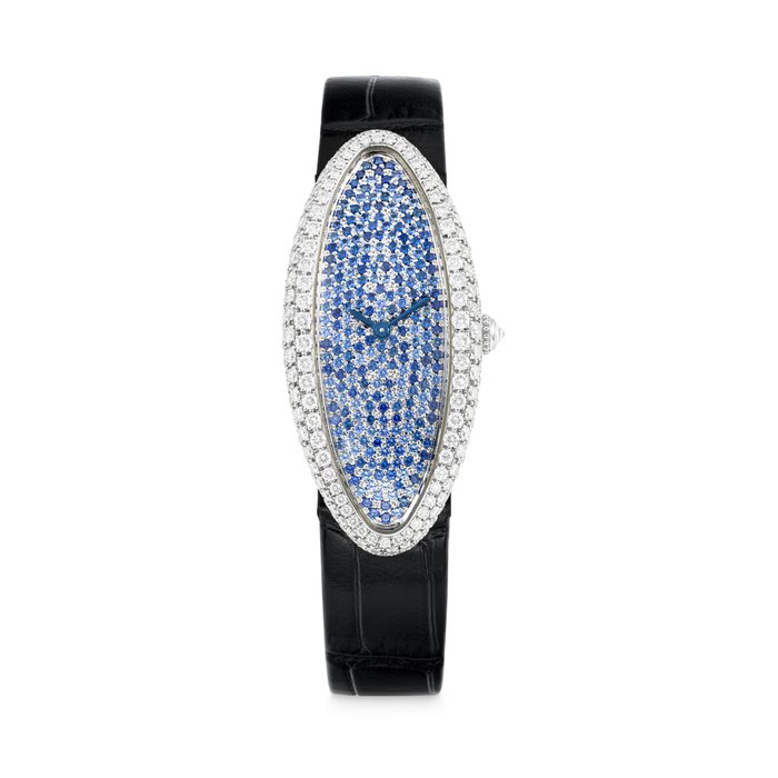 CARTIER. A LADY'S CHARMING 18K WHITE GOLD, SAPPHIRE AND DIAMOND-SET OVAL WRISTWATCH REF. 2514, CASE NO. 120054AF