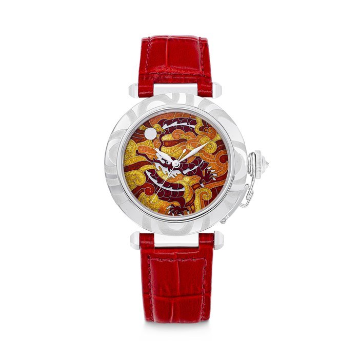Cartier CARTIER. AN ENCHANTING 18K WHITE GOLD AND DIAMOND-SET LIMITED EDITION AUTOMATIC WRISTWATCH WITH SWEEP CENTRE SECONDS AND CLOISONNÉ ENAMEL DIAL DEPICTING A DRAGON PASHA DE CARTIER MODEL, REF. 2704, CASE NO. 4⁄10