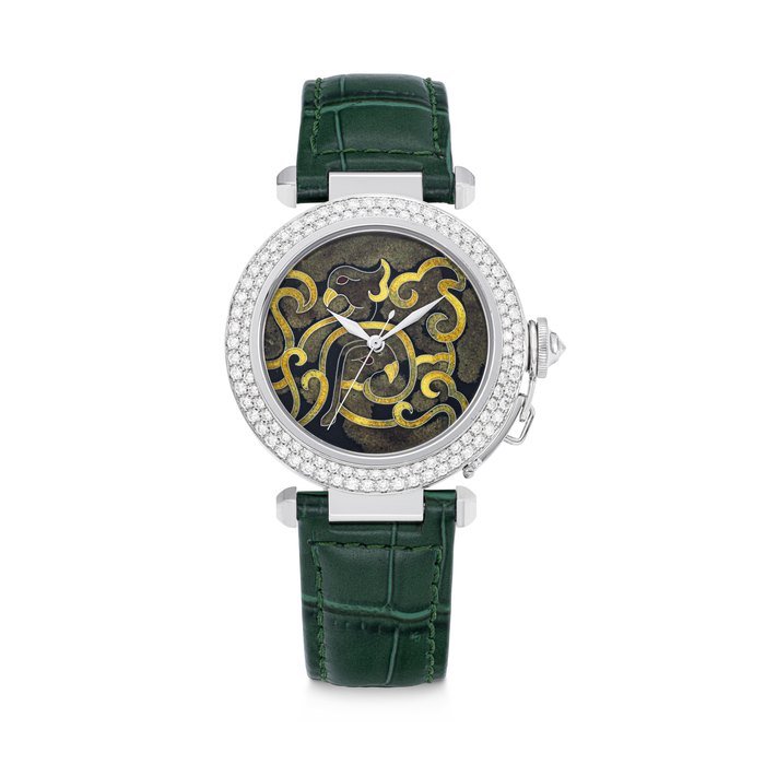 Cartier CARTIER. AN ATTRACTIVE 18K WHITE GOLD AND DIAMOND-SET LIMITED EDITION AUTOMATIC WRISTWATCH WITH CLOISONNÉ ENAMEL DIAL DEPICTING A PHOENIX PASHA DE CARTIER MODEL, REF. 2495, CASE NO. 9⁄20