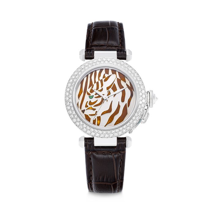 Cartier CARTIER. A BREATHTAKING 18K WHITE GOLD AND DIAMOND-SET LIMITED EDITION AUTOMATIC WRISTWATCH WITH CHAMPLEVÉ ENAMEL TIGER STRIPE DIAL PASHA DE CARTIER MODEL, REF. 2536, CASE NO. 20⁄20
