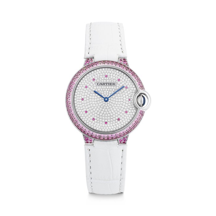 CARTIER. A RARE AND DAZZLING 18K WHITE GOLD, DIAMOND AND PINK GEMSTONE-SET AUTOMATIC WRISTWATCH BALLON BLEU DE CARTIER "HELLO KITTY 50TH ANNIVERSARY" MODEL, REF. HPI01682, CASE NO. 4643 356544EY, CIRCA 2024