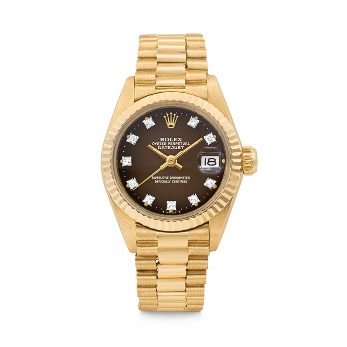 ROLEX. A LADY’S 18K GOLD AND DIAMOND-SET AUTOMATIC WRISTWATCH WITH SWEEP CENTRE SECONDS, DATE AND BRACELET LADY DATEJUST MODEL, REF. 6917, CASE NO. 5'424'809