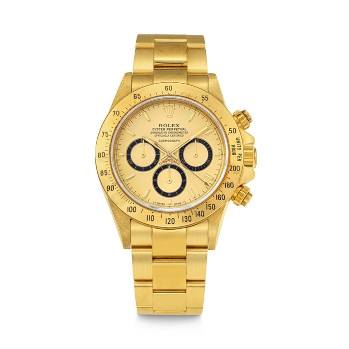 Rolex ROLEX. A RARE 18K GOLD AUTOMATIC CHRONOGRAPH WRISTWATCH WITH BRACELET AND "FLOATING DIAL" DAYTONA MODEL, REF. 16528, CASE NO. R985688 · 16528