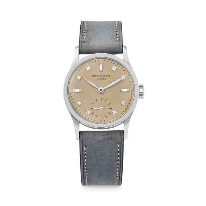 PATEK PHILIPPE. A VERY RARE PLATINUM AND DIAMOND-SET WRISTWATCH REF. 96, MOVEMENT NO. 938'329, CASE NO. 304'077, MANUFACTURED IN 1952