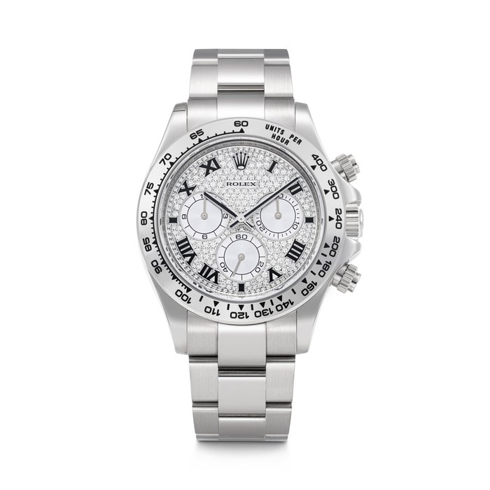 ROLEX. AN 18K WHITE GOLD AND DIAMOND-SET AUTOMATIC CHRONOGRAPH WRISTWATCH WITH BRACELET DAYTONA MODEL, REF. 116509, CASE NO. F898036, CIRCA 2005