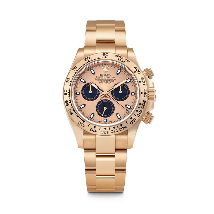 ROLEX. AN ATTRACTIVE 18K PINK GOLD AUTOMATIC CHRONOGRAPH WRISTWATCH WITH BRACELET DAYTONA MODEL, REF. 116505, CASE NO. M894090, CIRCA 2008