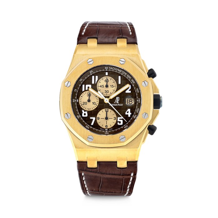 AUDEMARS PIGUET. A RARE 18K GOLD LIMITED EDITION AUTOMATIC CHRONOGRAPH WRISTWATCH WITH DATE ROYAL OAK OFFSHORE "ARNOLD SCHWARZENEGGER" MODEL, REF. 26007BA, CASE NO. F01320, CIRCA 2005