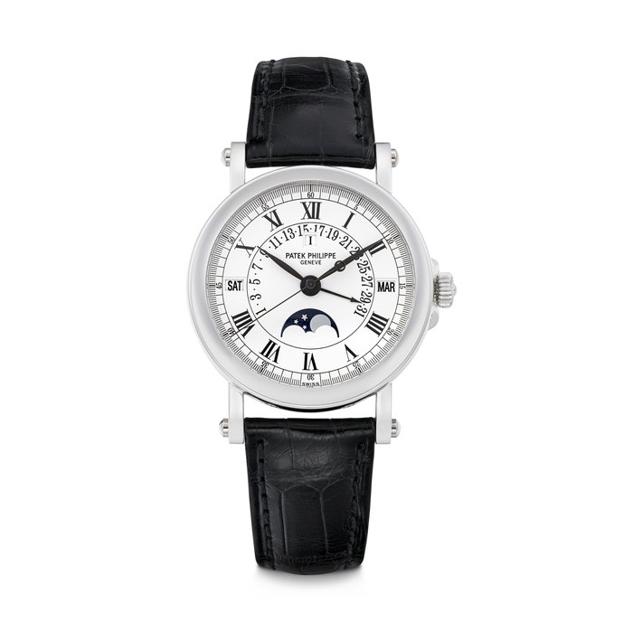 PATEK PHILIPPE. A PLATINUM AUTOMATIC PERPETUAL CALENDAR WRISTWATCH WITH SWEEP CENTRE SECONDS, RETROGRADE DATE, MOON PHASES AND LEAP YEAR INDICATION REF. 5059P-001, MOVEMENT NO. 3'235'874, CASE NO. 4'202'023, CIRCA 2003