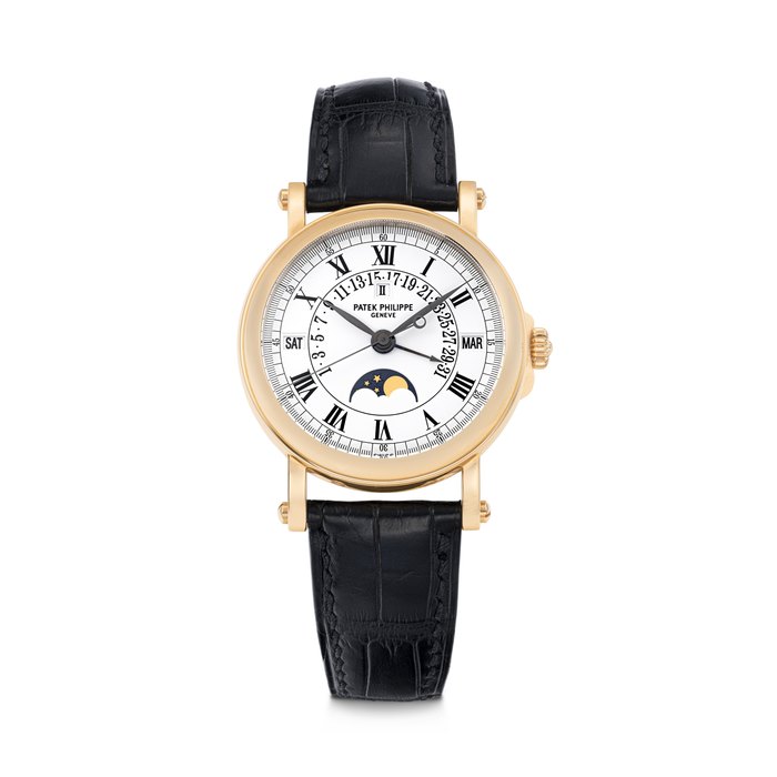 PATEK PHILIPPE. AN 18K PINK GOLD AUTOMATIC PERPETUAL CALENDAR WRISTWATCH WITH SWEEP CENTRE SECONDS, RETROGRADE DATE, MOON PHASES AND LEAP YEAR INDICATION REF. 5059R-001, MOVEMENT NO. 3'236'922, CASE NO. 4'292'550, CIRCA 2005