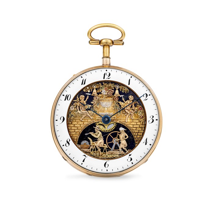JAQUET DROZ. A COMPLICATED AND WELL PRESERVED PINK GOLD QUARTER REPEATING POCKET WATCH WITH JACQUEMART AUTOMATON CASE NO. 7026 AND 506