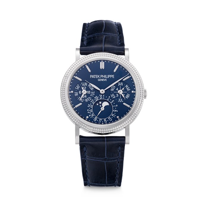 PATEK PHILIPPE. AN EXTREMELY RARE 18K WHITE GOLD AUTOMATIC PERPETUAL CALENDAR WRISTWATCH WITH MOON PHASES, LEAP YEAR, 24 HOUR INDICATIONS AND BLUE DIAL REF. 5039G-013, MOVEMENT NO. 5'752'641, CASE NO. 4'403'669, CIRCA 2023