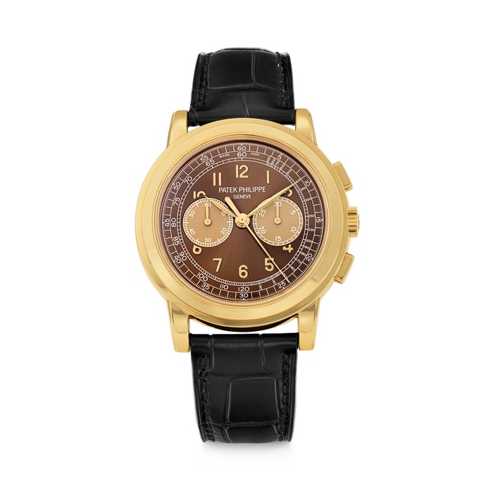 PATEK PHILIPPE. AN EXCEEDINGLY RARE AND HIGHLY ATTRACTIVE 18K GOLD CHRONOGRAPH WRISTWATCH WITH BROWN DIAL REF. 5070J-012 “SAATCHI EDITION”, MOVEMENT NO. 3’715’744, CASE NO. 4’457’631, CIRCA 2016