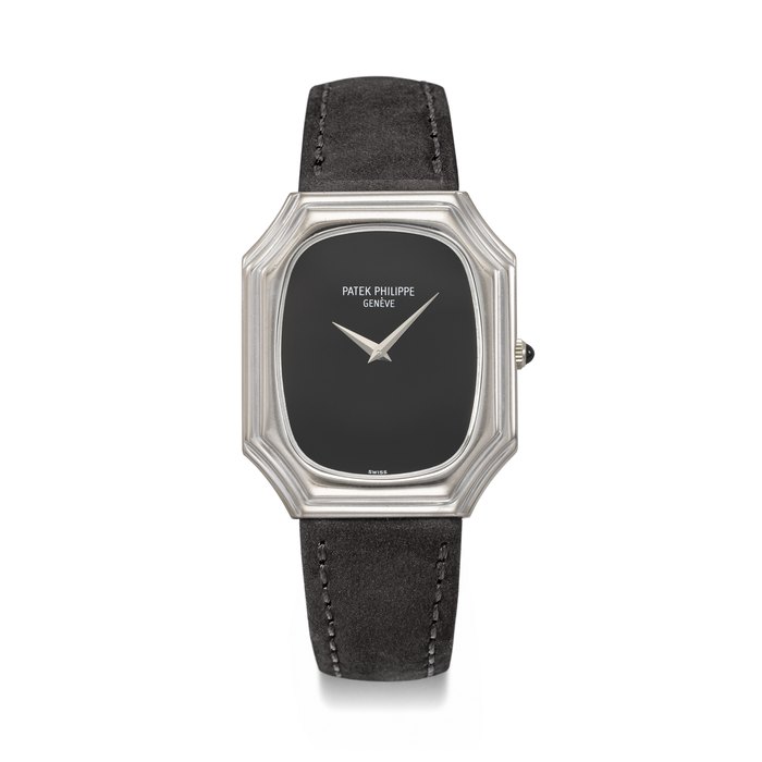 PATEK PHILIPPE. A VERY RARE AND ELEGANT 18K WHITE GOLD OCTAGONAL WRISTWATCH WITH ONYX DIAL REF. 3729, MOVEMENT NO. 1'329'817, CASE NO. 2'773'126, CIRCA 1980