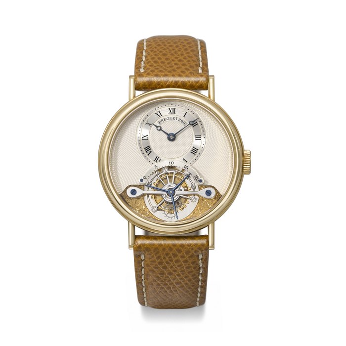 BREGUET. A RARE AND HIGHLY ATTRACTIVE 18K GOLD TOURBILLON WRISTWATCH TOURBILLON MESSIDOR MODEL, REF. 3350BA, CASE NO. 228E, CIRCA 1995