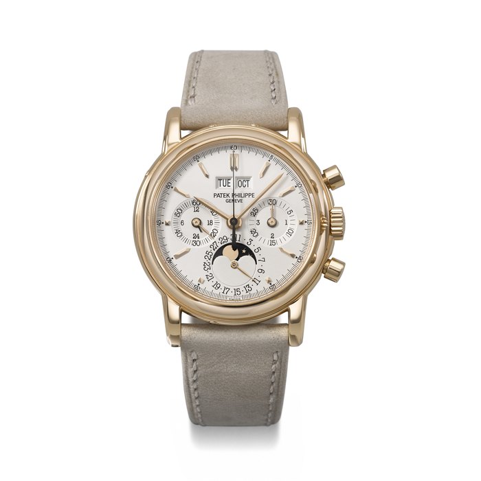 PATEK PHILIPPE. A VERY RARE AND HIGHLY ATTRACTIVE 18K PINK GOLD PERPETUAL CALENDAR CHRONOGRAPH WRISTWATCH WITH MOON PHASES, 24-HOUR AND LEAP YEAR INDICATION REF. 3970ER-001, MOVEMENT NO. 3'045'705, CASE NO. 4'010'823, CIRCA 1998