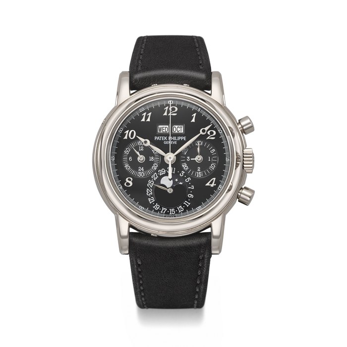 PATEK PHILIPPE. AN EXCEEDINGLY RARE AND HIGHLY ATTRACTIVE 18K WHITE GOLD PERPETUAL CALENDAR CHRONOGRAPH WRISTWATCH WITH MOON PHASES, 24-HOUR, LEAP YEAR INDICATION AND BREGUET NUMERALS REF. 3970EG-028, MOVEMENT NO. 3'048'465, CASE NO. 4'279'338, CIRCA 2007
