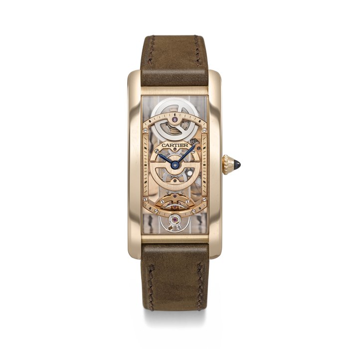CARTIER. A VERY RARE AND ELEGANT 18K PINK GOLD LIMITED EDITION SKELETONIZED RECTANGULAR CURVED WRISTWATCH TANK CINTRÉE SKELETON MODEL, REF. WHTA0008, CIRCA 2022
