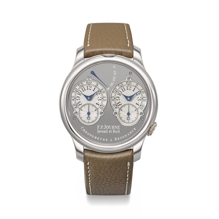 F.P. JOURNE. AN IMPORTANT PLATINUM LIMITED EDITION CHRONOMETER WRISTWATCH WITH RESONANCE-CONTROLLED TWIN INDEPENDENT GEAR-TRAIN MOVEMENT AND POWER RESERVE INDICATION CHRONOMETRE A RESONANCE RUTHENIUM MODEL, NO. 5⁄99-01R, CIRCA 2004
