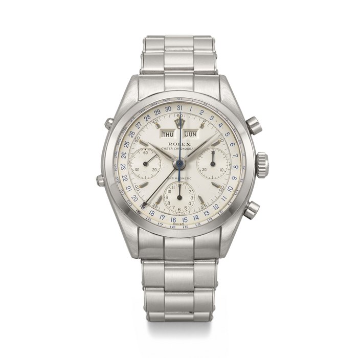 ROLEX. AN EXTREMELY RARE AND WELL PRESERVED STAINLESS STEEL CHRONOGRAPH TRIPLE CALENDAR WRISTWATCH WITH BRACELET CHRONOGRAPH ANTIMAGNETIC, ‘JEAN CLAUDE KILLY’ MODEL, REF. 6236, CASE NO. 576'405, CIRCA 1960