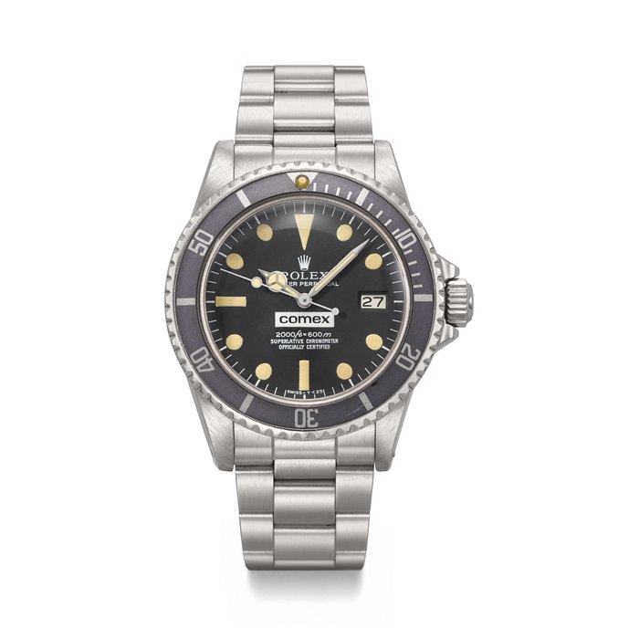 ROLEX. AN EXTREMELY RARE AND HIGHLY ATTRACTIVE STAINLESS STEEL AUTOMATIC WRISTWATCH WITH SWEEP CENTRE SECONDS, DATE, ‘RAIL’ DIAL, GAS ESCAPE VALVE AND BRACELET, MADE FOR COMEX SEA-DWELLER 'COMEX' MODEL, REF. 1665, CASE NO. 5'586'511, COMEX ISSUE NO. 2112, CIRCA 1978
