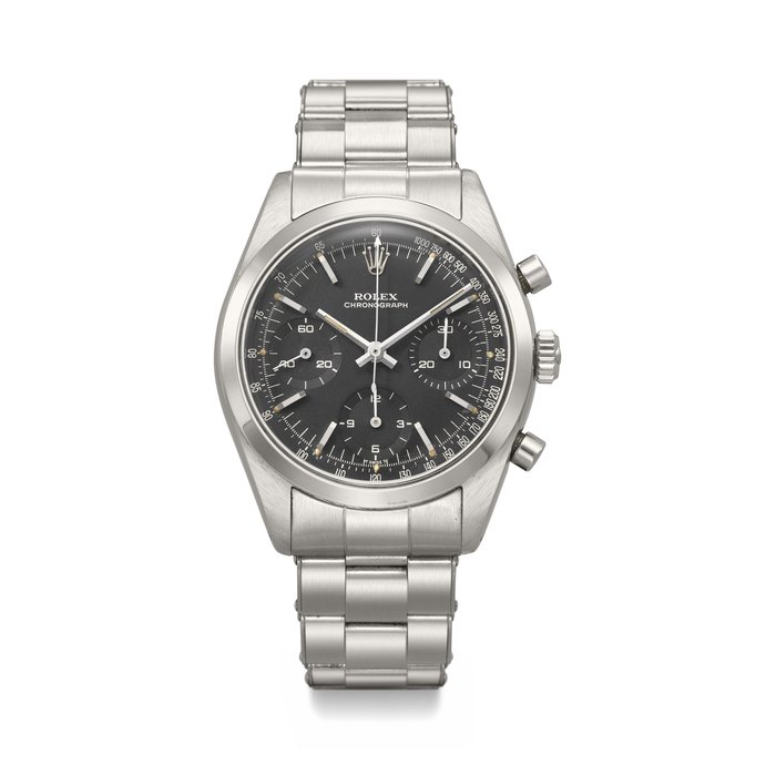 ROLEX. A RARE AND HIGHLY ATTRACTIVE STAINLESS STEEL CHRONOGRAPH WRISTWATCH WITH BRACELET 'PRE-DAYTONA' MODEL, REF. 6238, CASE NO. 1'207'207, CIRCA 1966