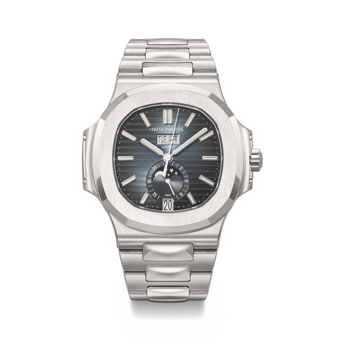 PATEK PHILIPPE. A COVETED STAINLESS STEEL AUTOMATIC ANNUAL CALENDAR WRISTWATCH WITH SWEEP CENTRE SECONDS, MOON PHASES, 24-HOUR INDICATION AND BRACELET NAUTILUS MODEL, REF. 5726/1A-014, MOVEMENT NO. 7'371'495, CASE NO. 6'420'301, CIRCA 2021
