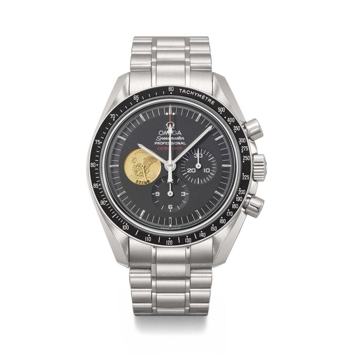 Omega OMEGA. A VERY RARE AND IMPRESSIVE PLATINUM AND 18K GOLD LIMITED EDITION CHRONOGRAPH WRISTWATCH WITH BRACELET, MADE T O COMMEMORATE THE 40TH ANNIVERSARY OF THE APOLLO 11 MOONLANDING ON 21 JULY 1969 AT 02:56 GMT SPEEDMASTER 'MOONWATCH APOLLO 11 40TH ANNIVERSARY PLATINUM' MODEL, REF. 311.90.42.30.01.001, NO. 17⁄69, CIRCA 2019