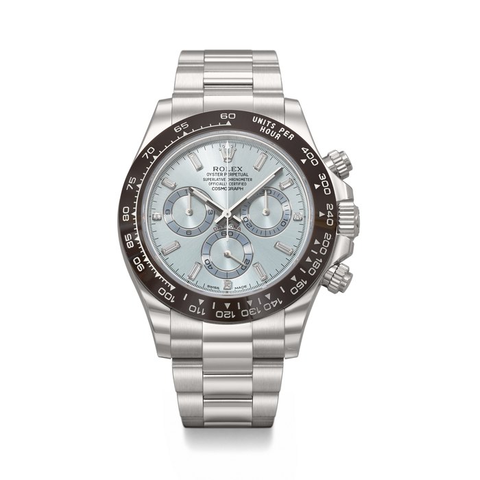 ROLEX. AN IMPRESSIVE AND HEAVY PLATINUM AND DIAMOND-SET AUTOMATIC CHRONOGRAPH WRISTWATCH WITH BRACELET DAYTONA MODEL, REF. 116506, CASE NO. 18LT3586, CIRCA 2023