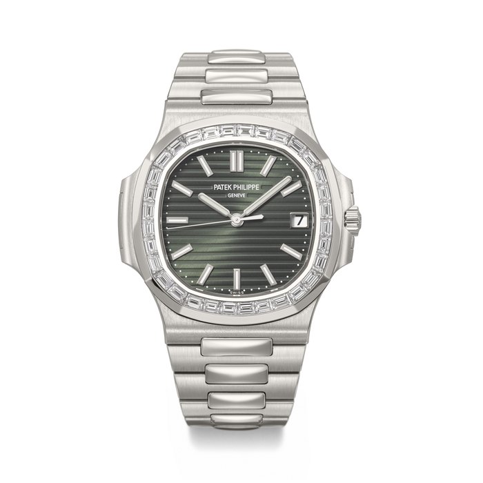 PATEK PHILIPPE. A VERY RARE AND HIGHLY COVETED STAINLESS STEEL AND BAGUETTE-CUT DIAMOND-SET AUTOMATIC WRISTWATCH WITH SWEEP CENTRE SECONDS, DATE AND BRACELET NAUTILUS MODEL, REF. 5711/1300A-001, MOVEMENT NO. 7'434'679, CASE NO. 6'481'184, CIRCA 2021