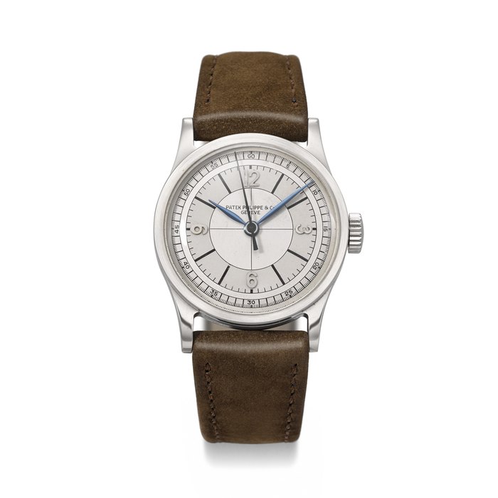 PATEK PHILIPPE. AN EXTREMELY RARE AND HIGHLY ATTRACTIVE STAINLESS STEEL WRISTWATCH WITH SWEEP CENTRE SECONDS AND TWO-TONE SECTOR DIAL CALATRAVA MODEL, REF. 96, MOVEMENT NO. 864'254, CASE NO. 624'882, MANUFACTURED IN 1942