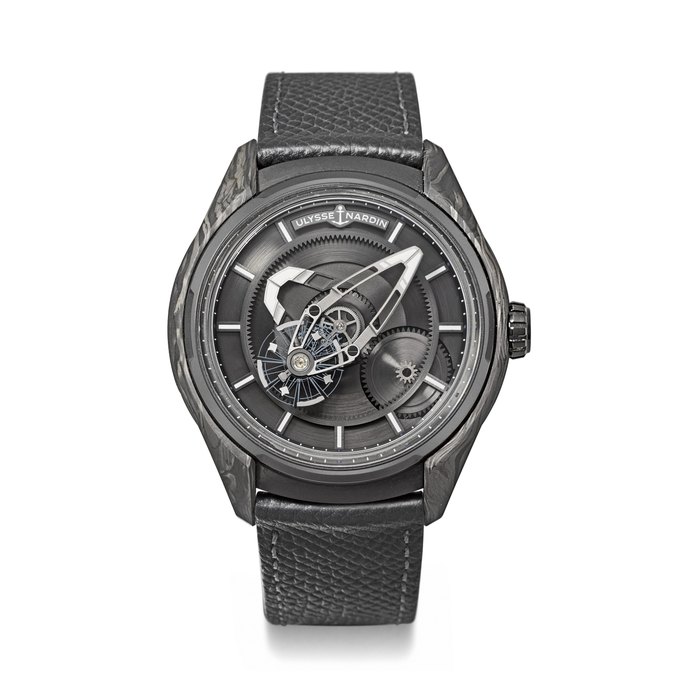 ULYSSE NARDIN. AN UNUSUAL AND HIGHLY ATTRACTIVE CARBONIUM ® AND BLACK PVD-COATED TITANIUM AUTOMATIC WRISTWATCH WITH OVERSIZED SILICON OSCILLATOR FREAK X MODEL, REF. 2303-270/CARB, CASE NO. 01X37, CIRCA 2020