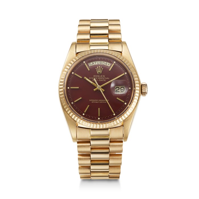ROLEX, PINK GOLD 'DAY-DATE', WITH OXBLOOD LACQUERED 'STELLA' DIAL, REF. 1803 SERIAL NO. 4'182'607