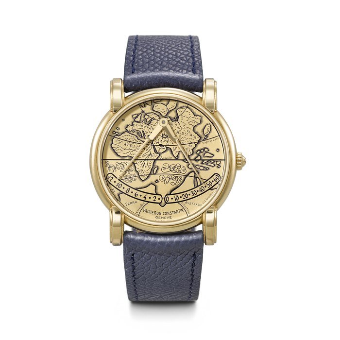 Vacheron Constantin VACHERON CONSTANTIN. A VERY RARE AND AVANT-GARDE 18K GOLD LIMITED EDITION AUTOMATIC DOUBLE RETROGRADE WRISTWATCH WITH CLOISONNÉ ENAMEL DIAL DEPICTING EUROPE, AFRICA AND ASIA MERCATOR MODEL, REF. 43050, MOVEMENT NO. 798'089, CASE NO. 656'895, MANUFACTURED IN 1995
