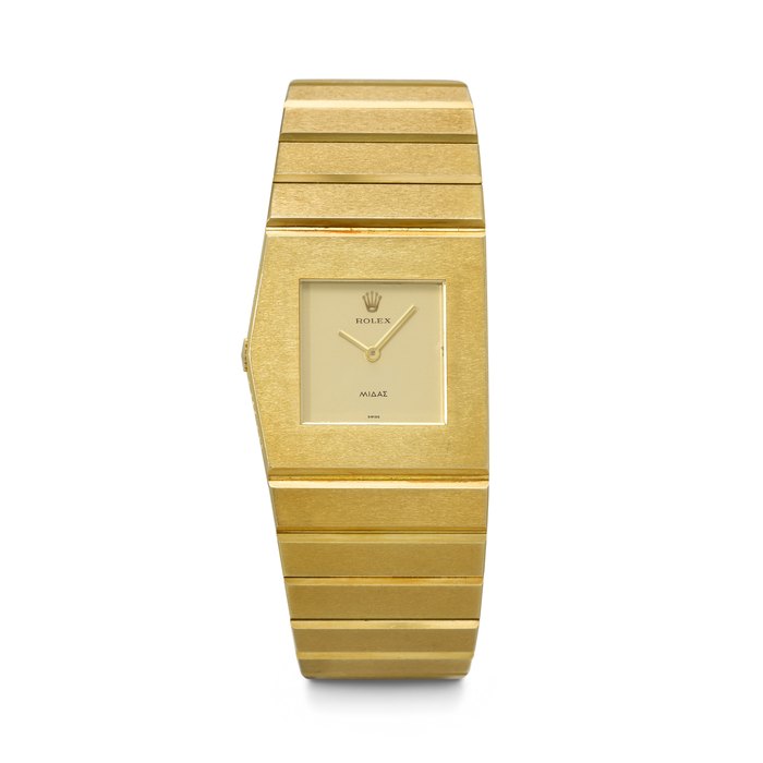 ROLEX. A RARE AND HEAVY 18K GOLD ASYMMETRIC LEFT-HANDED WINDING WRISTWATCH WITH INTEGRAL 18K GOLD 'KING MIDAS' BRACELET KING MIDAS MODEL, REF. 3580, CASE NO. 4'076'292, NO. 1265, CIRCA 1978
