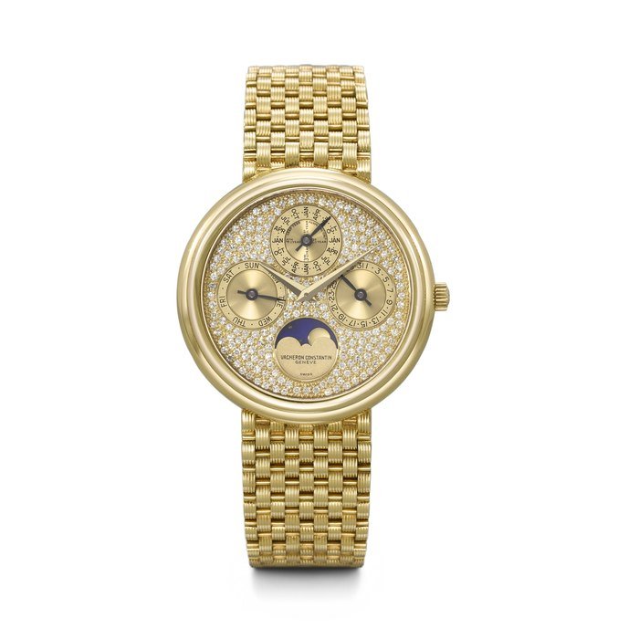 Vacheron Constantin VACHERON CONSTANTIN. AN INCREDIBLE AND DAZZLING 18K GOLD AND DIAMOND-SET AUTOMATIC PERPETUAL CALENDAR WRISTWATCH WITH MOON PHASES, LEAP YEAR INDICATION AND BRACELET REF. 43031/230J, MOVEMENT NO. 733'148, CASE NO. 595'798, MANUFACTURED IN 1990