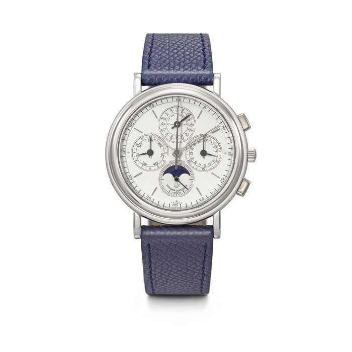 Vacheron Constantin VACHERON CONSTANTIN. AN ATTRACTIVE PLATINUM AUTOMATIC PERPETUAL CALENDAR CHRONOGRAPH WRISTWATCH WITH MOON PHASES AND LEAP YEAR INDICATION PATRIMONY LES COMPLICATIONS MODEL, REF. 49005, MOVEMENT NO. 805'041, CASE NO. 641'791, MANUFACTURED IN 1993