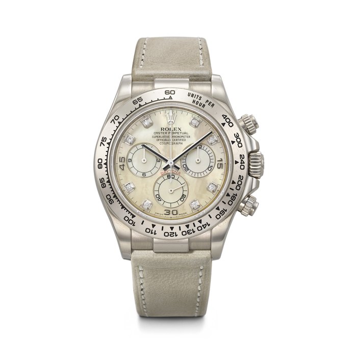 ROLEX. A RARE AND VIBRANT 18K WHITE GOLD AND DIAMOND-SET AUTOMATIC CHRONOGRAPH WRISTWATCH WITH YELLOW MOTHER-OF-PEARL DIAL DAYTONA MODEL, REF. 116519, CASE NO. Z690931, CIRCA 2007