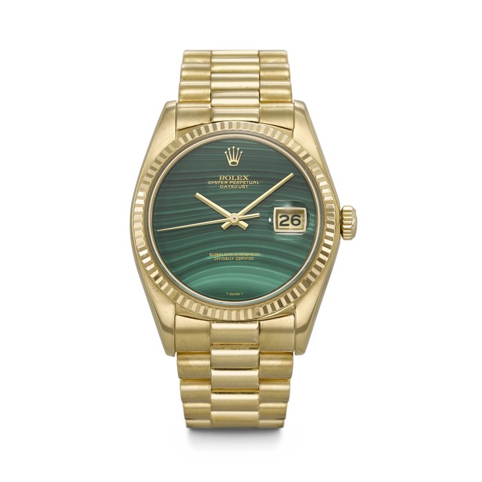 ROLEX. A RARE AND ATTRACTIVE 18K GOLD AUTOMATIC WRISTWATCH WITH SWEEP CENTRE SECONDS, DATE, MALACHITE DIAL AND BRACELET DATEJUST MODEL, REF. 1601, CASE NO. 5'068'862, CIRCA 1978