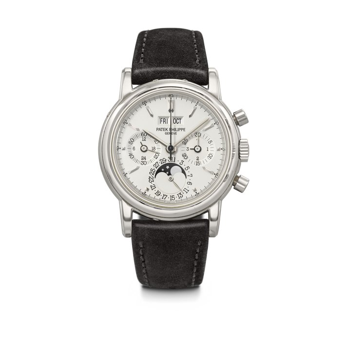 PATEK PHILIPPE. AN RARE AND HIGHLY ATTRACTIVE PLATINUM PERPETUAL CALENDAR CHRONOGRAPH WRISTWATCH WITH MOON PHASES, 24-HOUR INDICATION AND LEAP YEAR INDICATION REF. 3970EP-021, MOVEMENT NO. 3'045'641, CASE NO. 4'010'774, CIRCA 1999