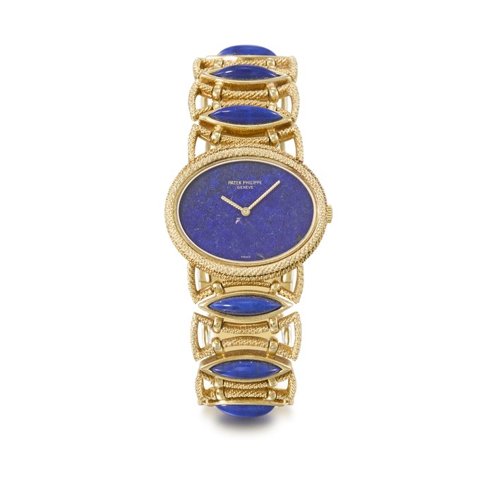 PATEK PHILIPPE. A RARE AND EXTREMELY ATTRACTIVE 18K GOLD OVAL BRACELET WATCH WITH LAPIS LAZULI DIAL REF. 4290⁄1, MOVEMENT NO. 1'274'068, CASE NO. 2'756'997, MANUFACTURED IN 1976