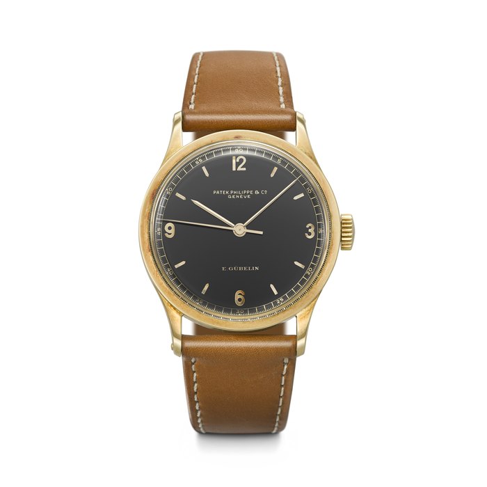 PATEK PHILIPPE. AN EXCEPTIONAL, EXTREMELY RARE AND HIGHLY ATTRACTIVE 18K GOLD WRISTWATCH WTIH SWEEP CENTRE SECONDS AND BLACK DIAL RETAILED BY GUBELIN, REF. 570, MOVEMENT NO. 864'789, CASE NO. 300'057, MANUFACTURED IN 1946