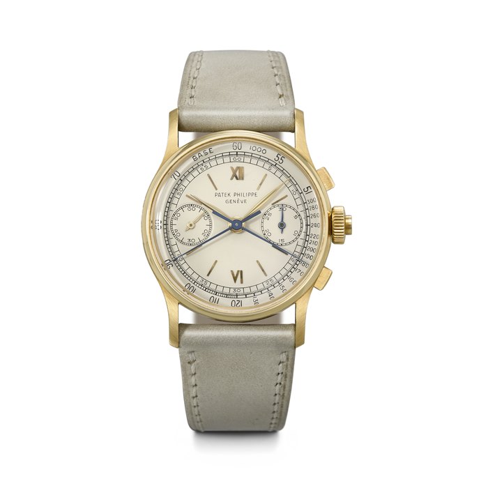 PATEK PHILIPPE. AN OUTSTANDING AND EXCEEDINGLY RARE 18K GOLD SPLIT SECONDS CHRONOGRAPH WRISTWATCH REF. 1436, NO.868’989, CASE NO. 2’626’750, MANUFACTURED IN 1956