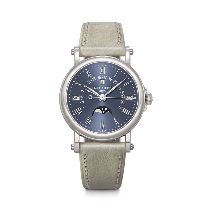 PATEK PHILIPPE. AN EXCITINGLY RARE AND POSSIBLY UNIQUE PLATINUM AUTOMATIC PERPETUAL CALENDAR WRISTWATCH WITH SWEEP CENTRE SECONDS, RETROGRADE DATE, MOON PHASES AND LEAP YEAR INDICATION REF. 5059P-018, MOVEMENT NO. 3'410'821, CASE NO. 4'365'484, CIRCA 2021
