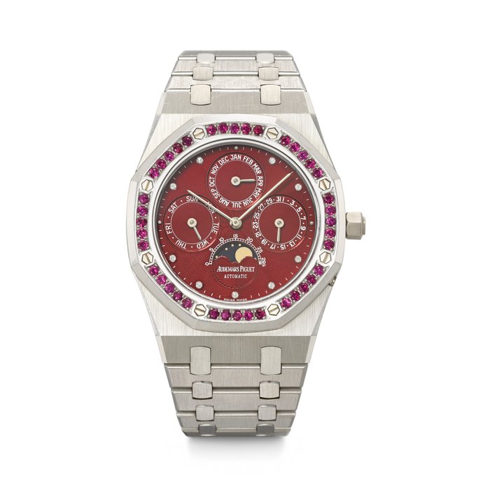 AUDEMARS PIGUET. A UNIQUE AND MAGNIFICENT PLATINUM, DIAMOND AND RUBY-SET AUTOMATIC PERPETUAL CALENDAR WRISTWATCH WITH MOON PHASES AND BRACELET ROYAL OAK QUANTIEME PERPETUEL MODEL, REF. 25687PT, CASE NO. D42116, NO. 21, CIRCA 1994