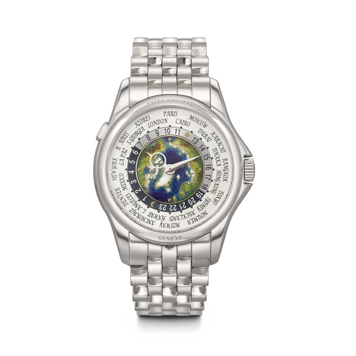 PATEK PHILIPPE. A VERY RARE AND HIGHLY ATTRACTIVE PLATINUM AUTOMATIC WORLD TIME WRISTWATCH WITH CLOISONNÉ ENAMEL DIAL AND BRACELET REF. 5131/1P-001, MOVEMENT NO. 7'112'456, CASE NO. 6'214'381, CIRCA 2017