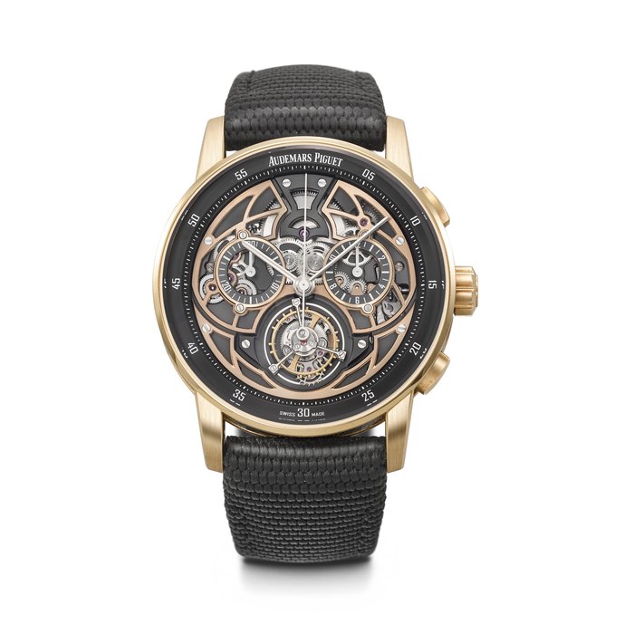 AUDEMARS PIGUET. A VERY RARE 18K PINK GOLD AND BLACK CERAMIC LIMITED EDITION AUTOMATIC SEMI-SKELETONIZED FLYING TOURBILLON AND FLYBACK CHRONOGRAPH WRISTWATCH CODE 11.59 FLYING TOURBILLON CHRONOGRAPH MODEL, REF. 26399NR, CASE NO. GR2153M, CIRCA 2022