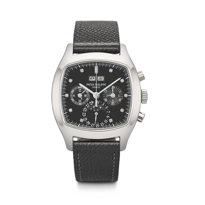 PATEK PHILIPPE. AN EXTREMELY RARE AND ATTRACTIVE PLATINUM AND DIAMOND-SET CUSHION-SHAPED PERPETUAL CALENDAR CHRONOGRAPH WRISTWATCH WITH MOON PHASES, 24-HOUR AND LEAP YEAR INDICATION REF. 5020P, MOVEMENT NO. 3'046'055, CASE NO. 2'956'185, MANUFACTURED IN 2000