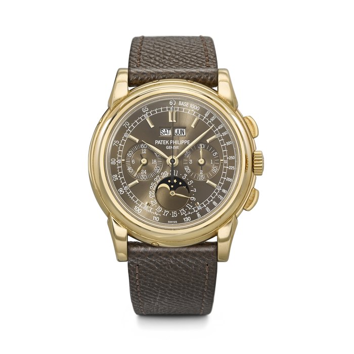 PATEK PHILIPPE. A RARE AND HIGHLY ATTRACTIVE 18K GOLD PERPETUAL CALENDAR CHRONOGRAPH WRISTWATCH WITH MOON PHASES, 24-HOUR AND LEAP YEAR INDICATION REF. 5970J-001, MOVEMENT NO. 3'049'195, CASE NO. 4'452'686, MANUFACTURED IN 2008