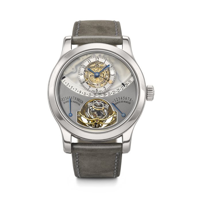Jaeger-Lecoultre JAEGER-LECOULTRE. A VERY RARE AND IMPORTANT PLATINUM LIMITED EDITION SEMI-SKELETONIZED PERPETUAL CALENDAR MULTI-AXIS SPHERICAL TOURBILLON WRISTWATCH WITH RETROGRADE DATE, MONTH, LEAP YEAR INDICATION, POWER RESERVE AND EQUATION OF TIME GYROTOURBILLON 1 MODEL, REF. 149.6.07.S, NO. 33⁄75, CIRCA 2004