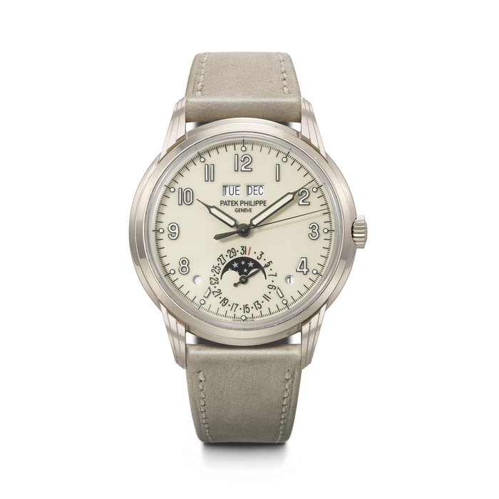 PATEK PHILIPPE. AN ATTRACTIVE 18K WHITE GOLD AUTOMATIC PERPETUAL CALENDAR WRISTWATCH WITH SWEEP CENTRE SECONDS, MOON PHASES, LEAP YEAR AND DAY/NIGHT INDICATOR REF. 5230G-001, MOVEMENT NO. 7'296'467, CASE NO. 6'380'027, CIRCA 2020